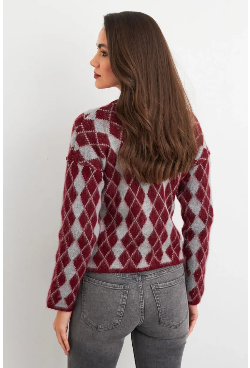 Kadın Bordo-Gri Düğme Detaylı Hırka ELT12022