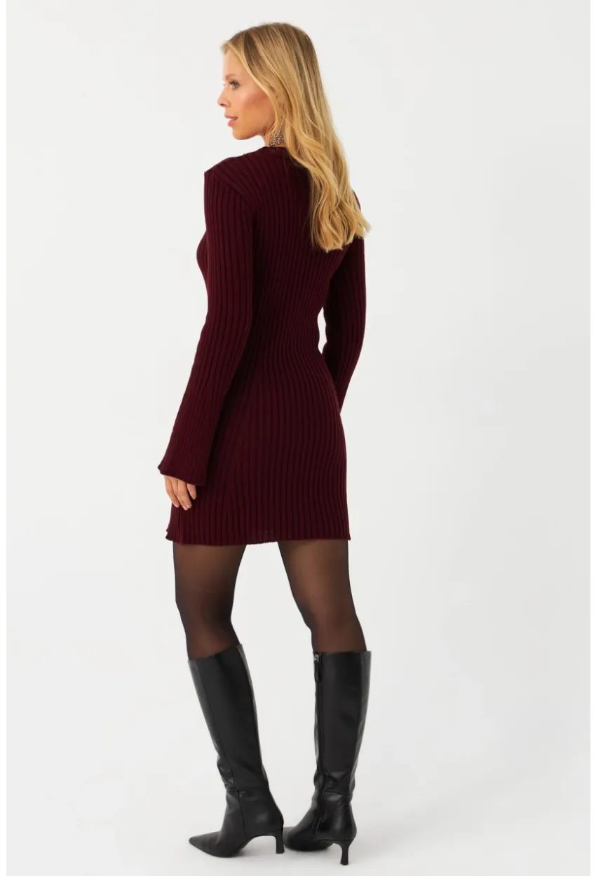 Kadın Bordo İspanyol Kol Triko Mini Elbise YV273