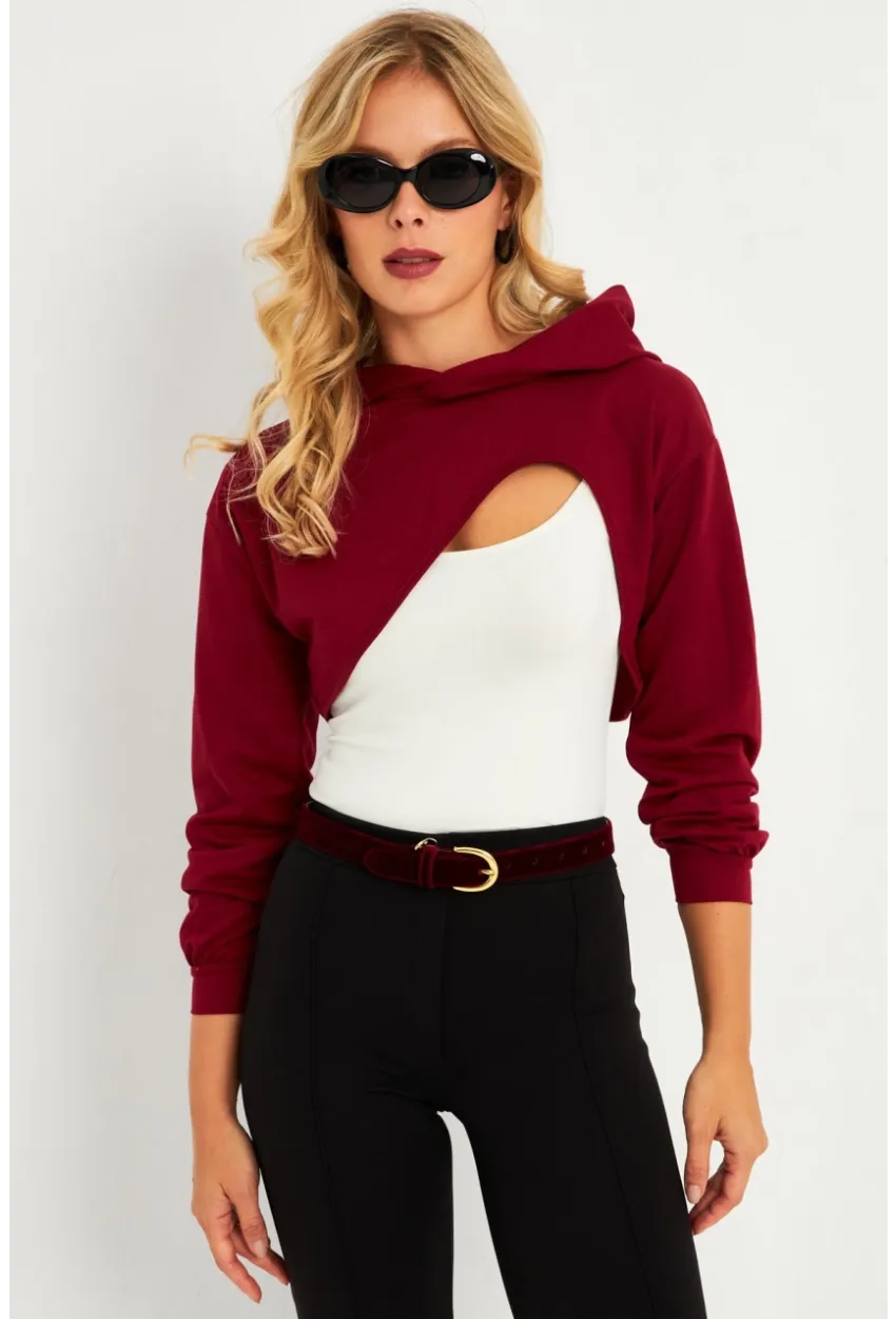 Kadın Bordo Kapüşonlu Crop Sweatshirt  TF03