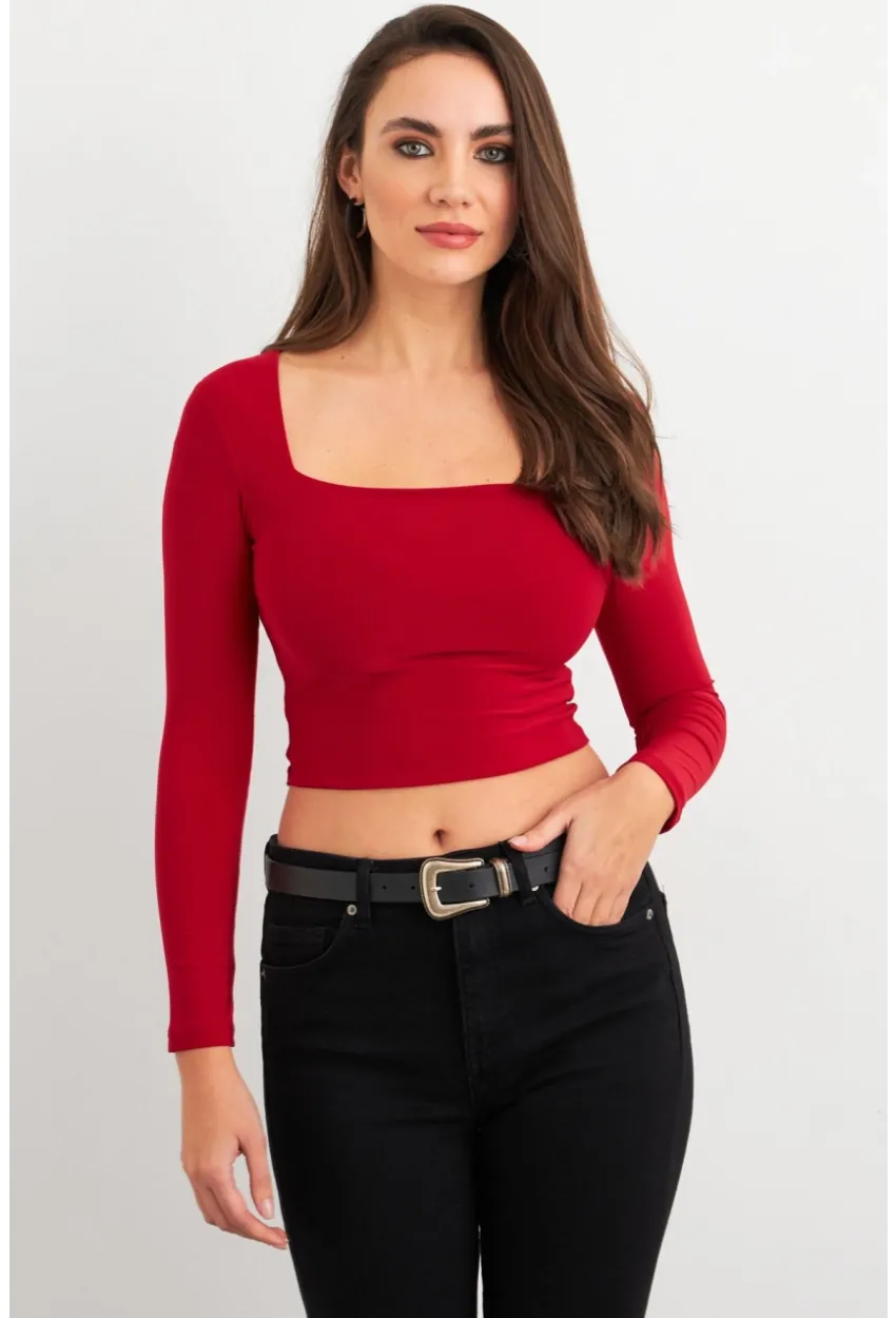 Kadın Bordo Kare Yaka Crop Bluz ELT2586