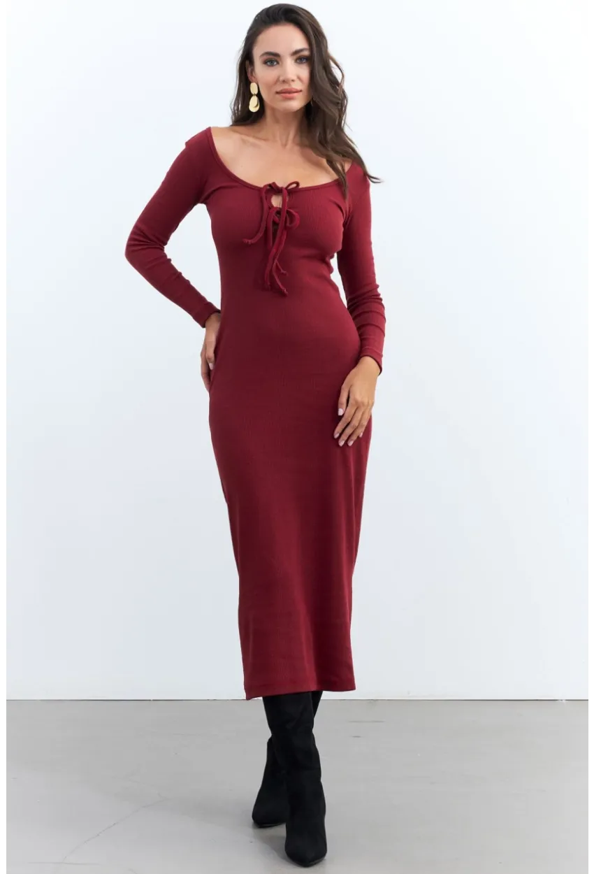 Kadın Bordo Kaşkorse Maxi Elbise EY1513