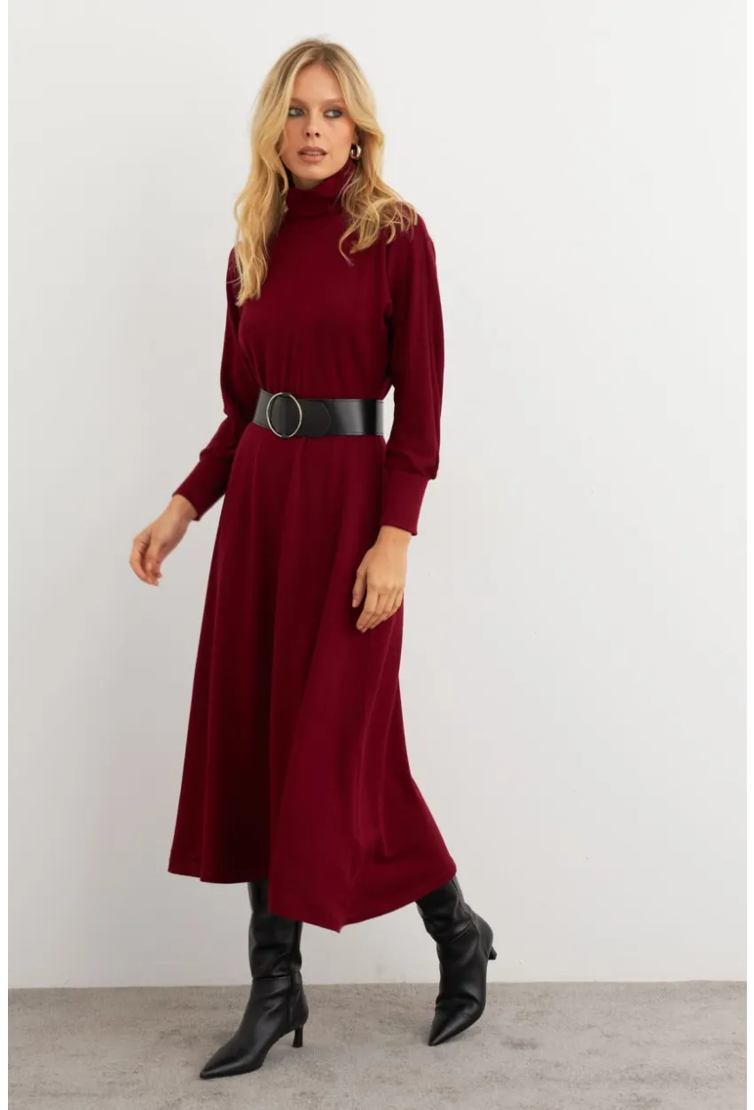 Kadın Bordo Kemerli Balıkçı Yaka Elbise MKSD992