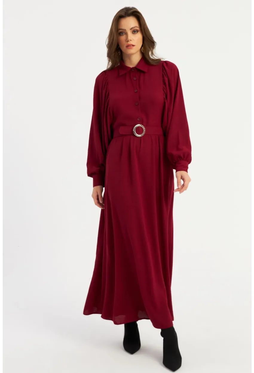 Kadın Bordo Kemerli Maxi Elbise MASF15