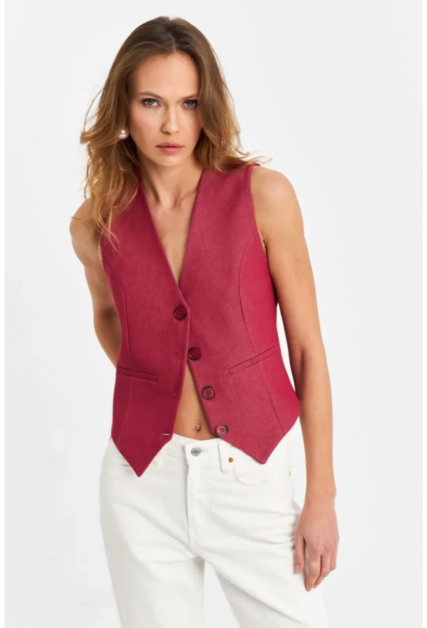 Kadın Bordo Keten Astarlı Yelek TW60046