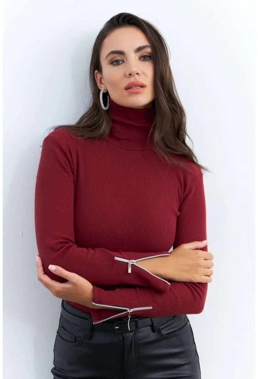 Kadın Bordo Kolları Fermuarlı Kaşkorse Balıkçı Bluz EY2567