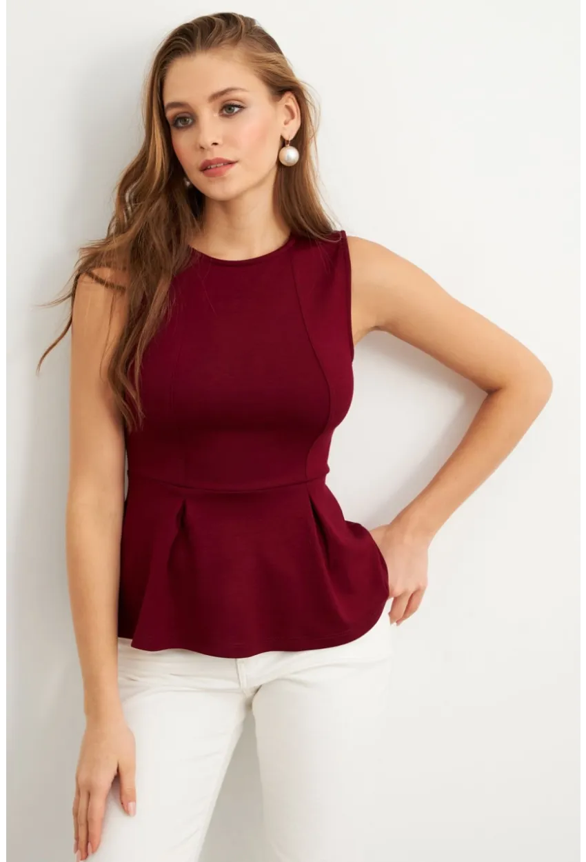Kadın Bordo Kolsuz Peplum Bluz FLU7257