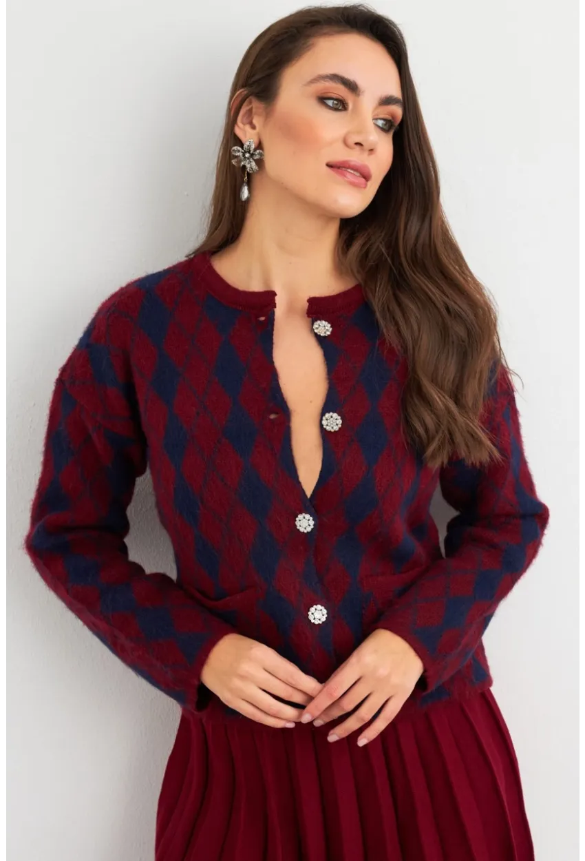 Kadın Bordo-Lacivert Düğme Detaylı Hırka ELT12022