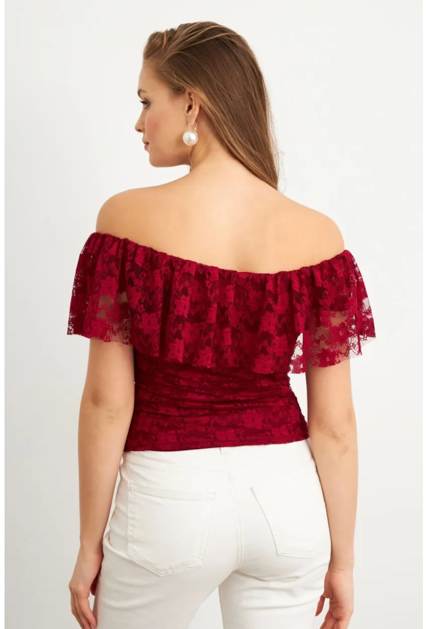 Kadın Bordo Madonna Yaka Dantel Bluz MTK13549