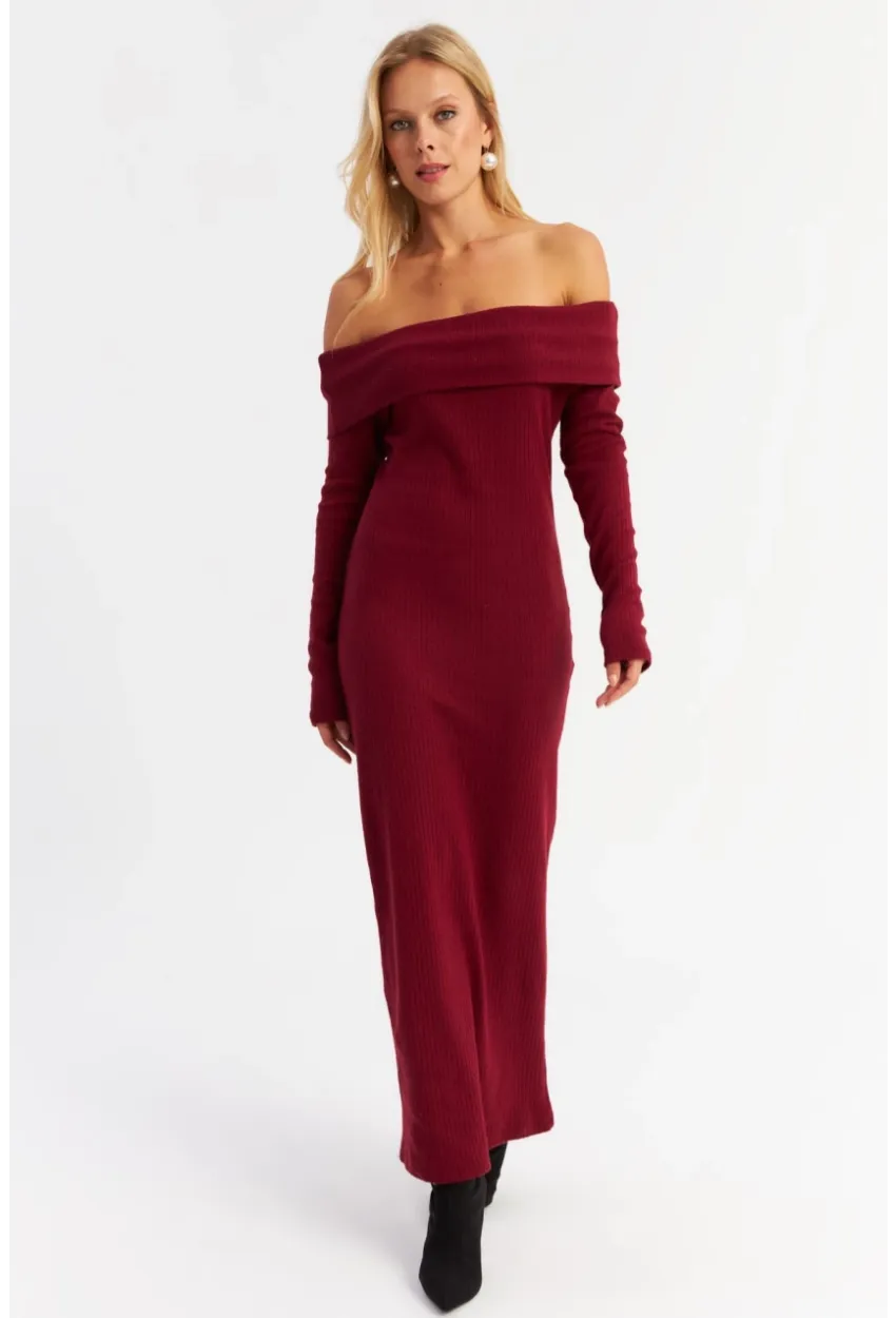 Kadın Bordo Madonna Yaka Kaşkorse Maxi Elbise HOL1