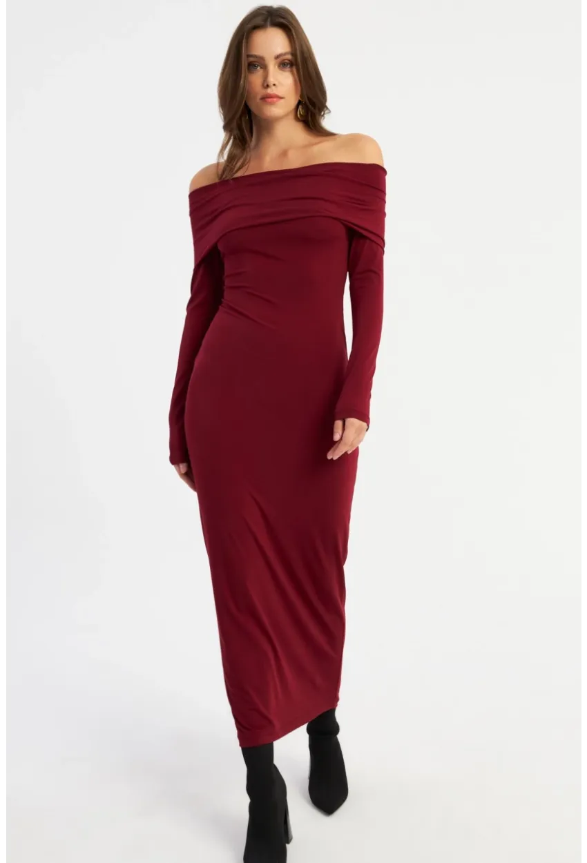 Kadın Bordo Madonna Yaka Maxi Elbise LİK10