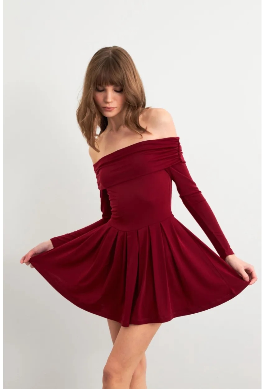 Kadın Bordo Madonna Yaka Midi Elbise MON1262