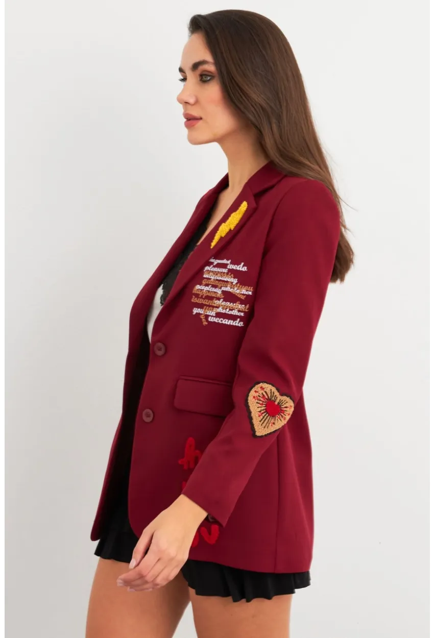 Kadın Bordo Nakışlı Premium Ceket EO100