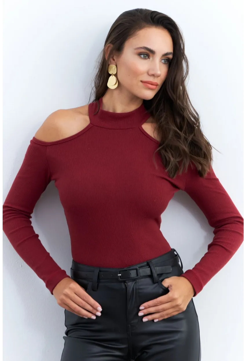 Kadın Bordo Omuzları Açık Kaşkorse Bluz EY2590