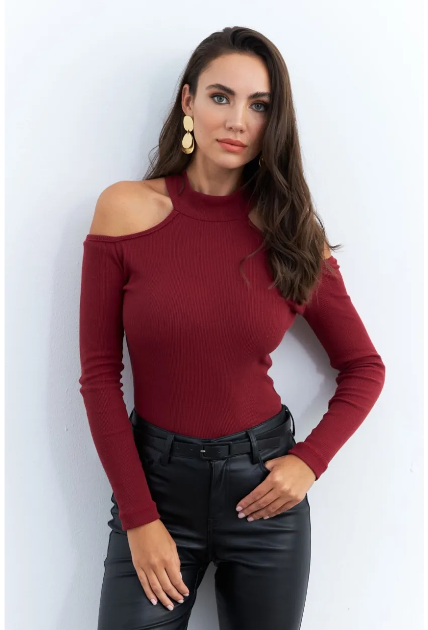 Kadın Bordo Omuzları Açık Kaşkorse Bluz EY2590