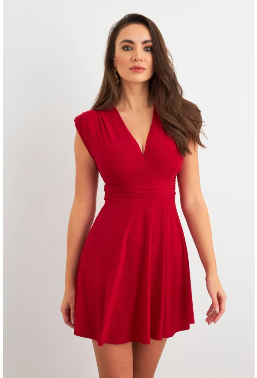 Kadın Bordo Omuzları Vatkalı Kruvaze Mini Elbise ELT3678