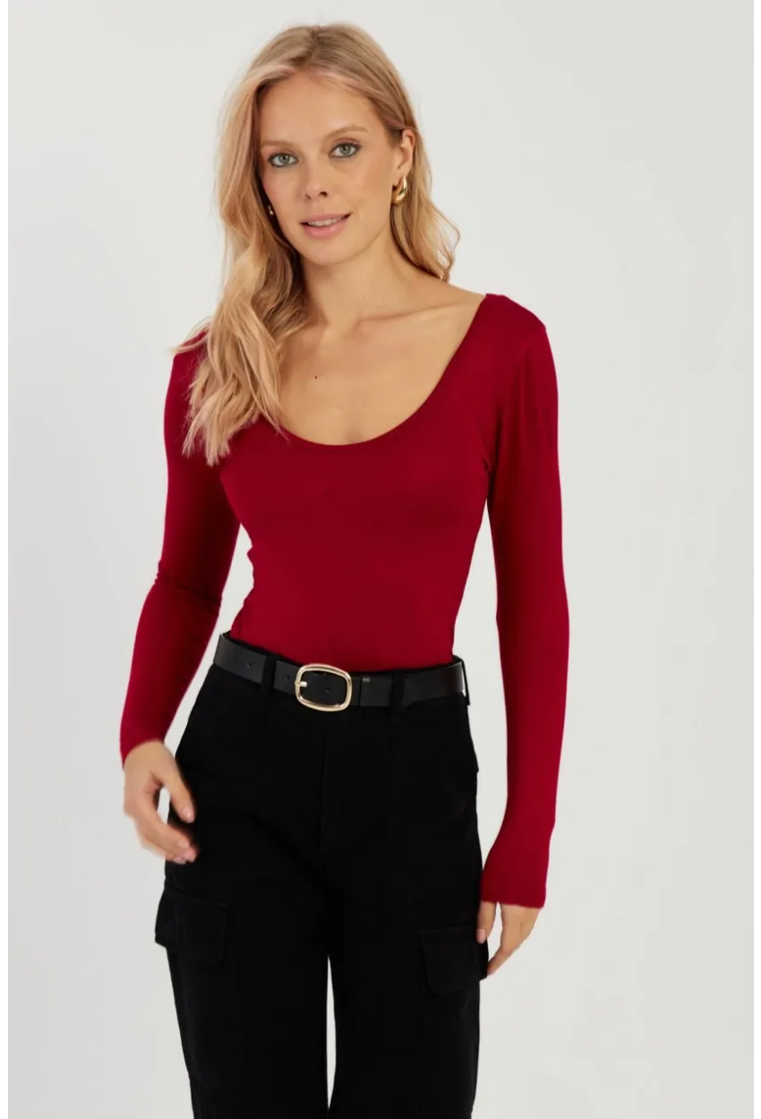 Kadın Bordo Ön Arka U Yaka Bluz LPP1265
