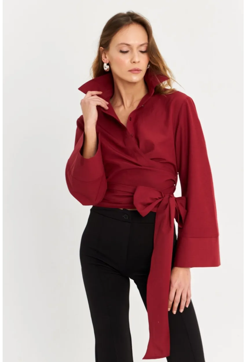 Kadın Bordo Önü Bağlamalı İspanyol Kol Gömlek MON142
