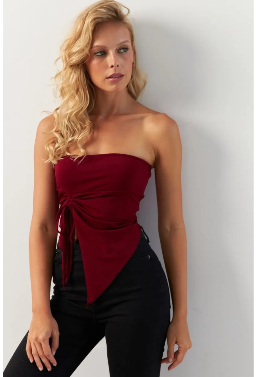 Kadın Bordo Önü Büzgülü Crop Bluz MON138