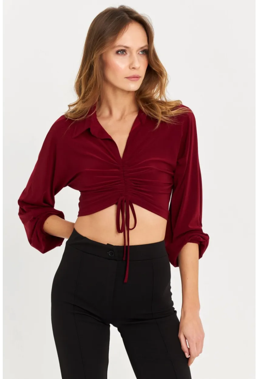 Kadın Bordo Önü Büzgülü Crop Bluz MRS103