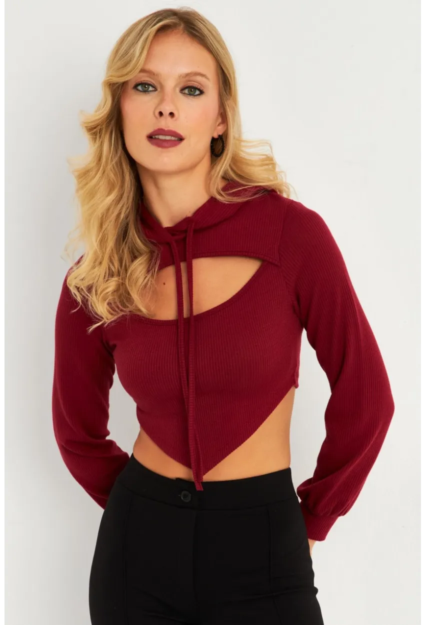 Kadın Bordo Pencereli Kapüşonlu Crop Bluz TF08
