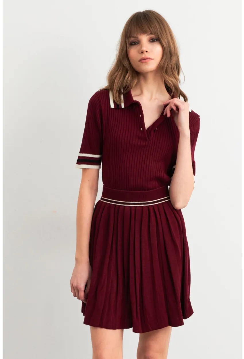 Kadın Bordo Polo Yaka Etekli Takım SF2558