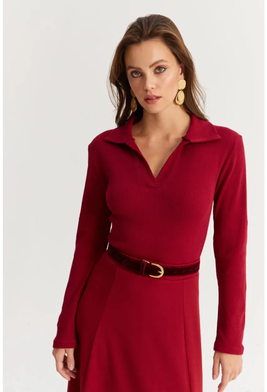 Kadın Bordo Polo Yaka Kaşkorse Bluz LON3006