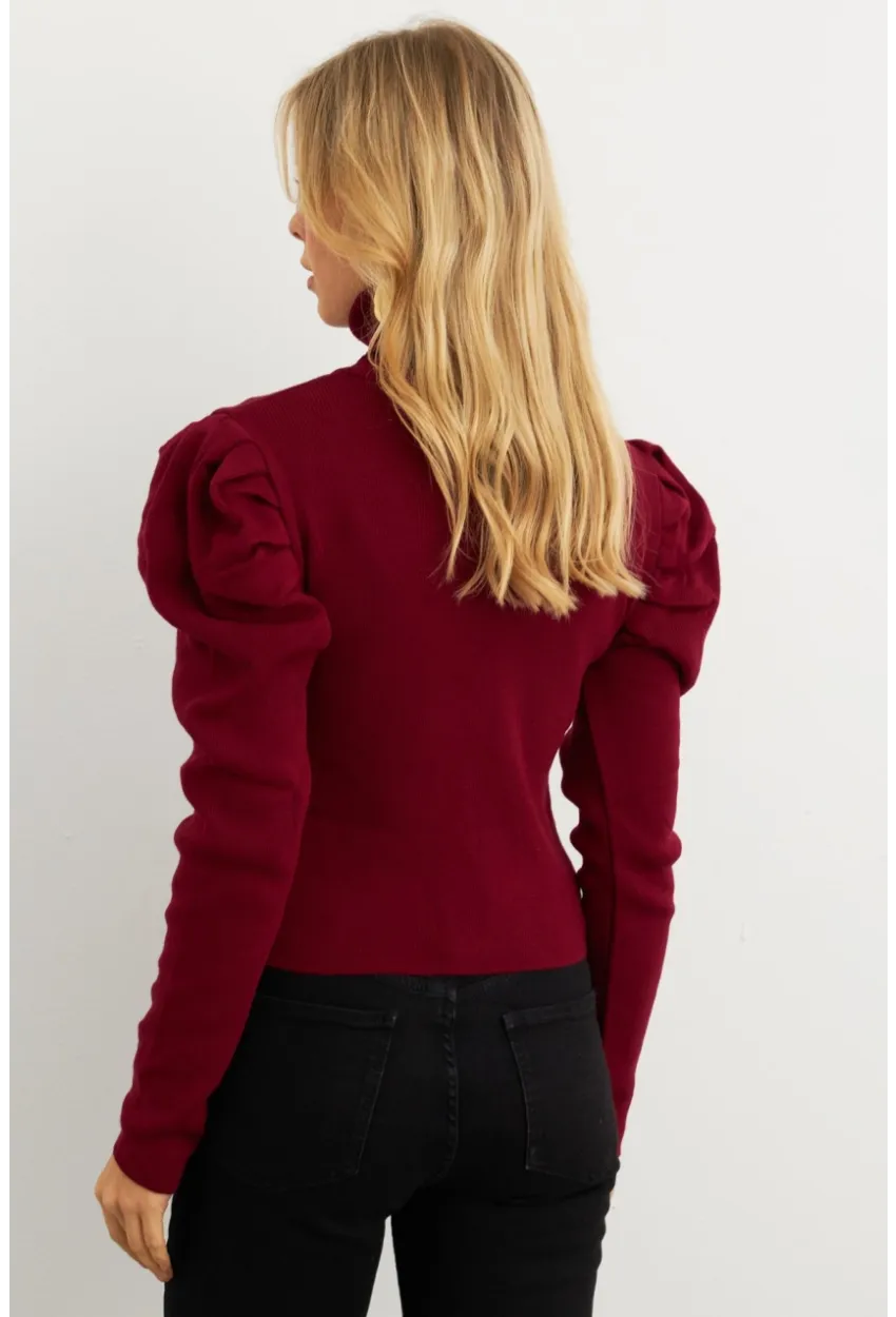Kadın Bordo Prenses Kol Balıkçı Yaka Triko Bluz SF2555