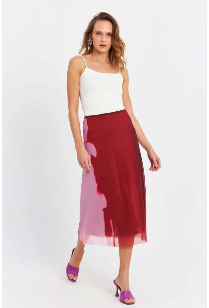 Kadın Bordo-Pudra Kontrast Renkli Tül Etek ZH11