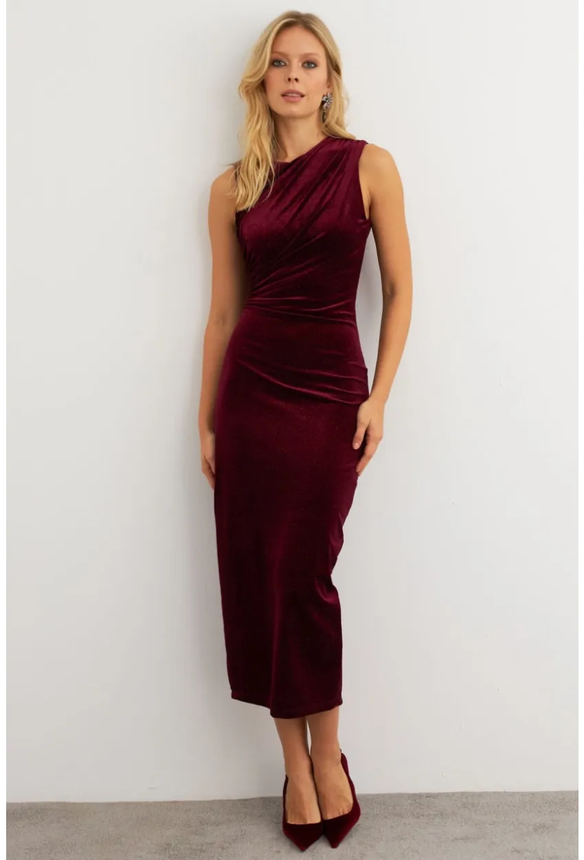 Kadın Bordo Simli Drapeli Maxi Elbise KED4481
