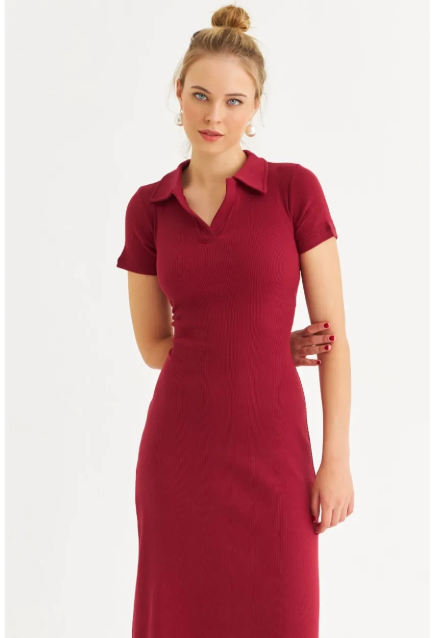 Kadın Bordo Sırt Bağlamalı Kaşkorse Midi Elbise MFRY0001