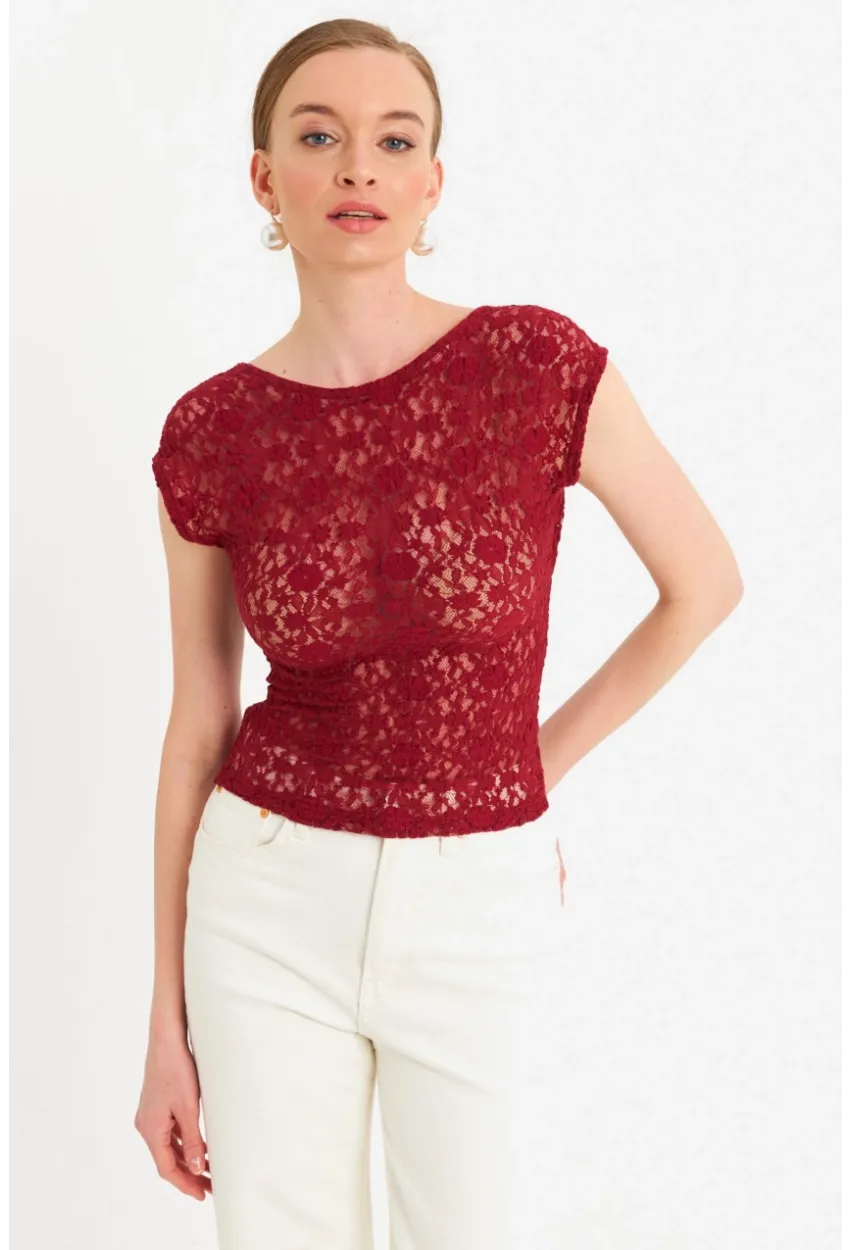 Kadın Bordo Sırtı Açık Dantel Bluz ZH04