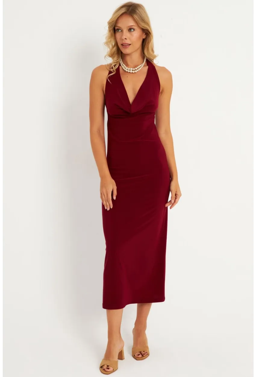 Kadın Bordo Sırtı Açık Degaje Midi Yılbaşı Elbise GÇ177