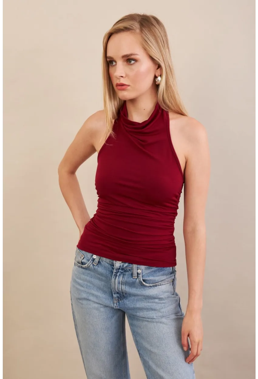 Kadın Bordo Sırtı Açık Drapeli Bluz FRY2314