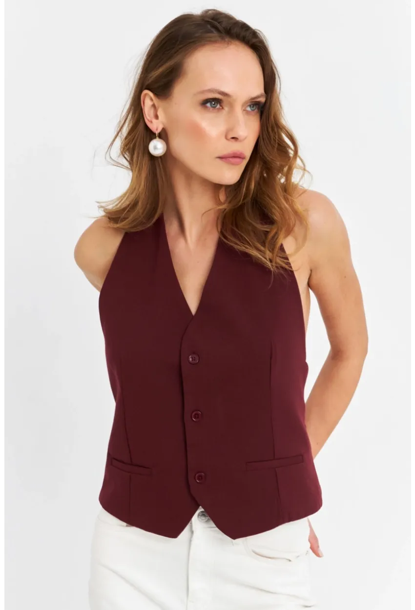 Kadın Bordo Sırtı Açık Yelek CAR1143