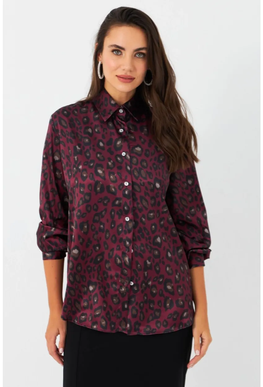 Kadın Bordo-Siyah Leopar Desenli Saten Gömlek MRAD5901-1