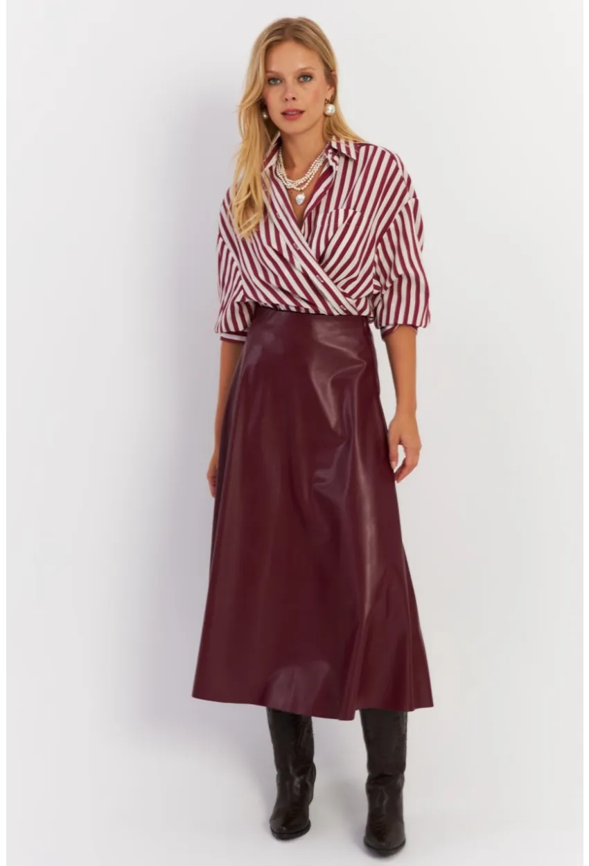 Kadın Bordo Suni Deri Çan Etek ELA113