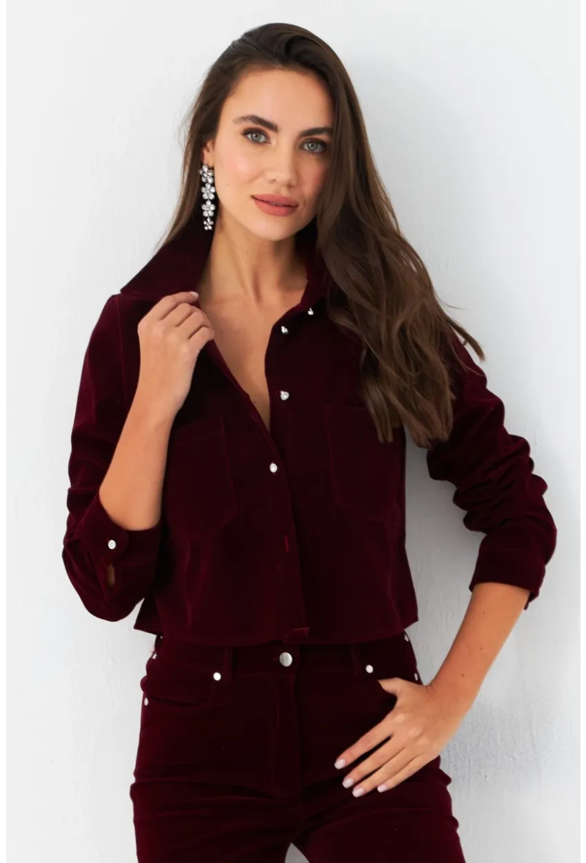 Kadın Bordo Taş Düğmeli Kadife Gömlek Ceket CAR1075