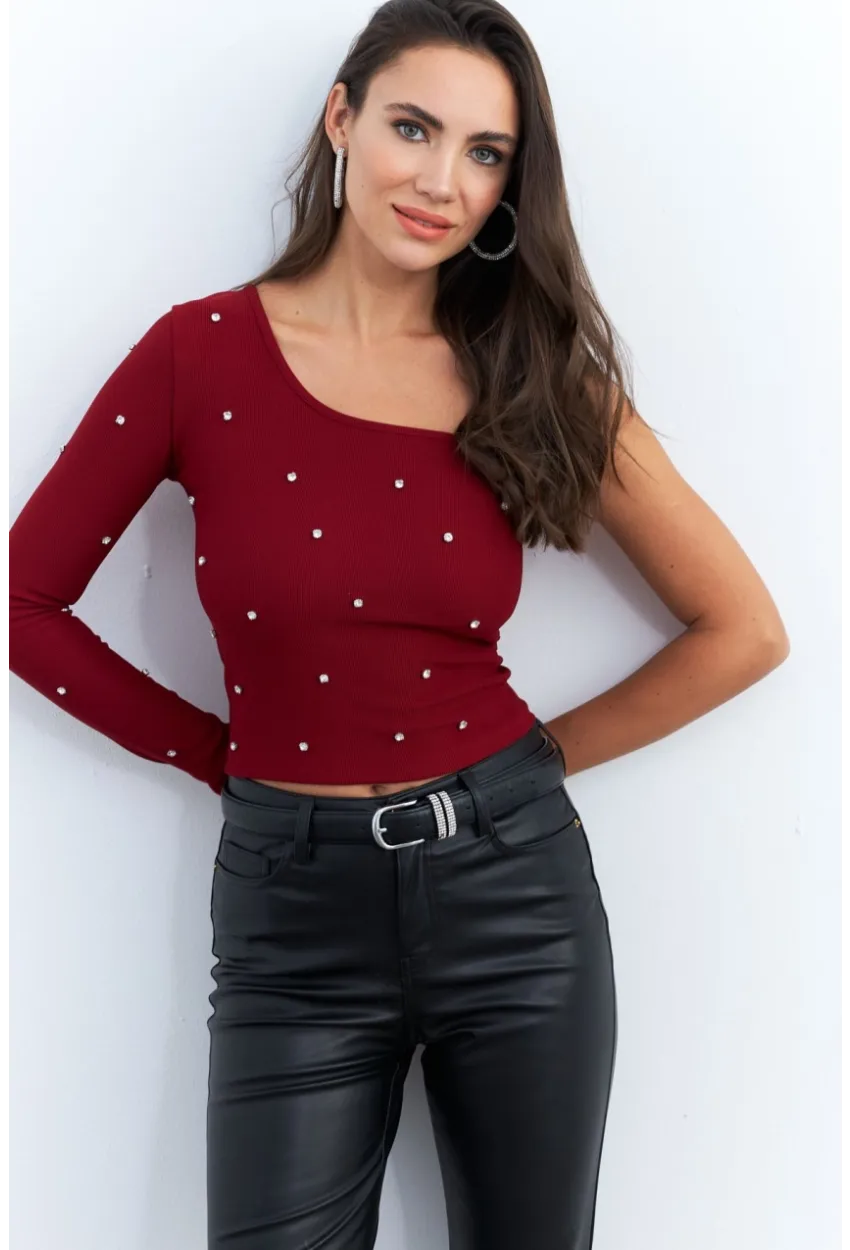 Kadın Bordo Taşlı Tek Kol Crop Bluz HOL2
