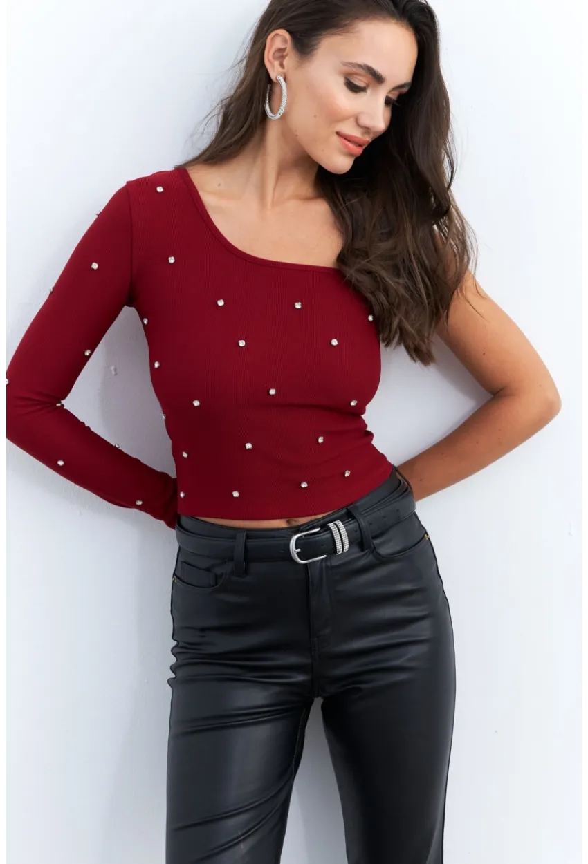 Kadın Bordo Taşlı Tek Kol Crop Bluz HOL2