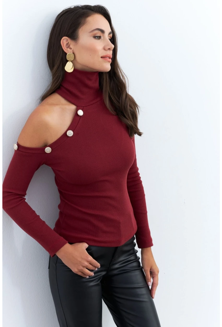 Kadın Bordo Tek Omuz Açık Kaşkorse Balıkçı Bluz EY2947