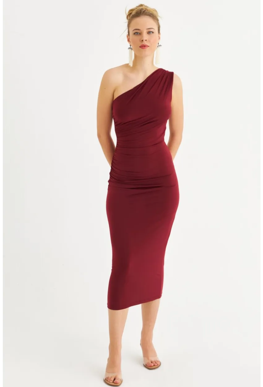 Kadın Bordo Tek Omuz Büzgülü Midi Elbise DMR294-90