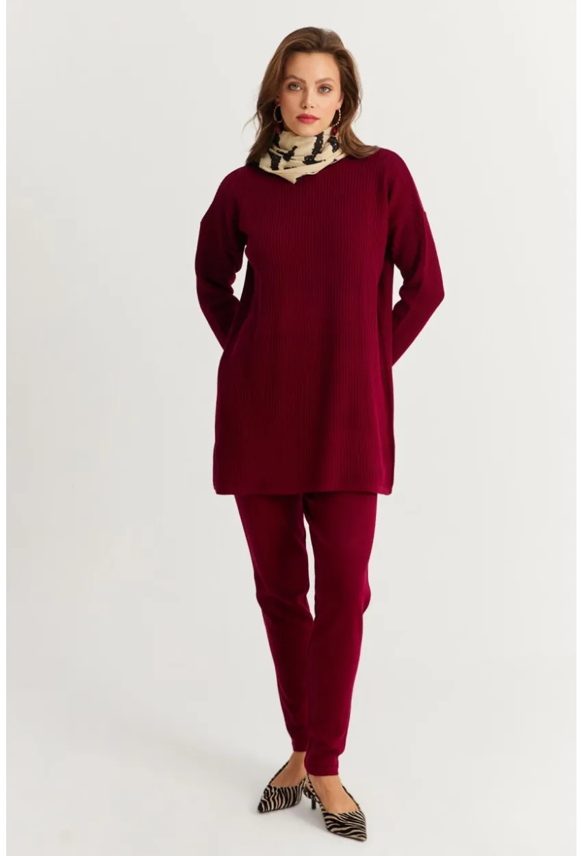 Kadın Bordo Triko Alt Üst Takım NUV9