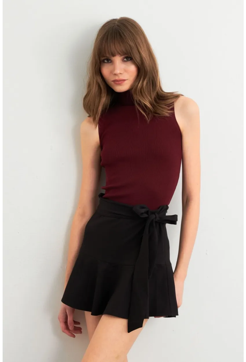 Kadın Bordo Triko Kolsuz Bluz YV305