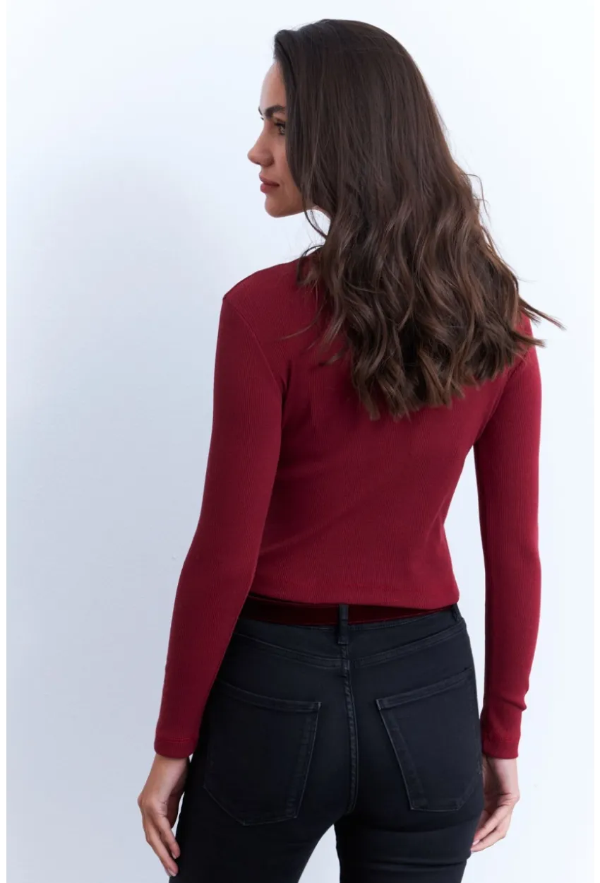 Kadın Bordo V Yaka Düğme Detaylı Bluz EY2952