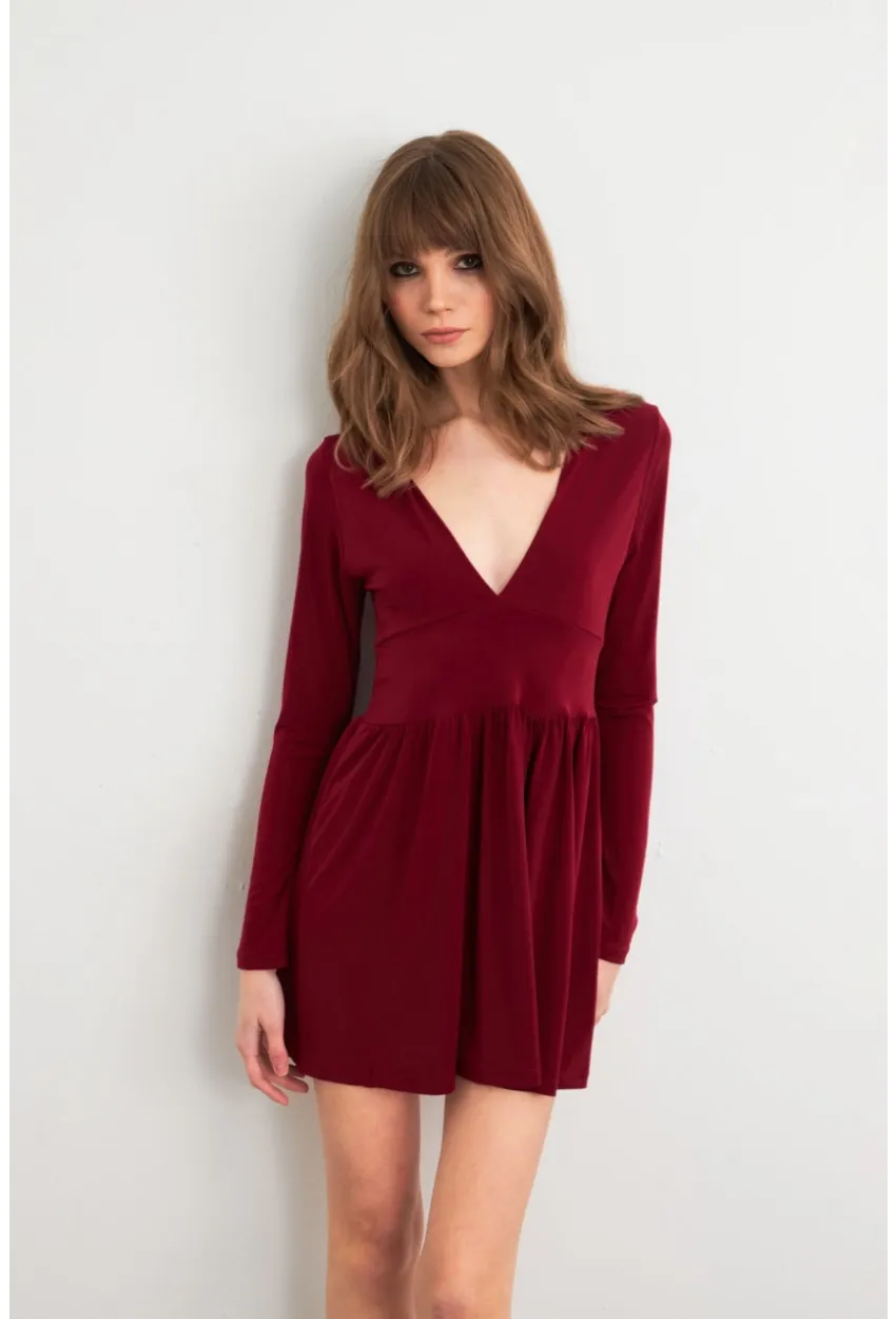 Kadın Bordo V Yaka Mini Elbise LİK17