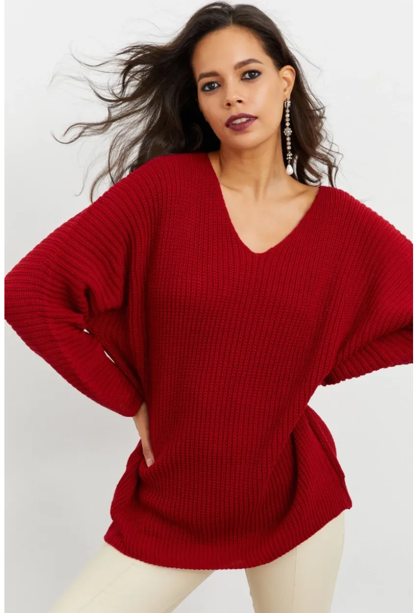 Kadın Bordo V Yaka Salaş Triko Tunik SMT158