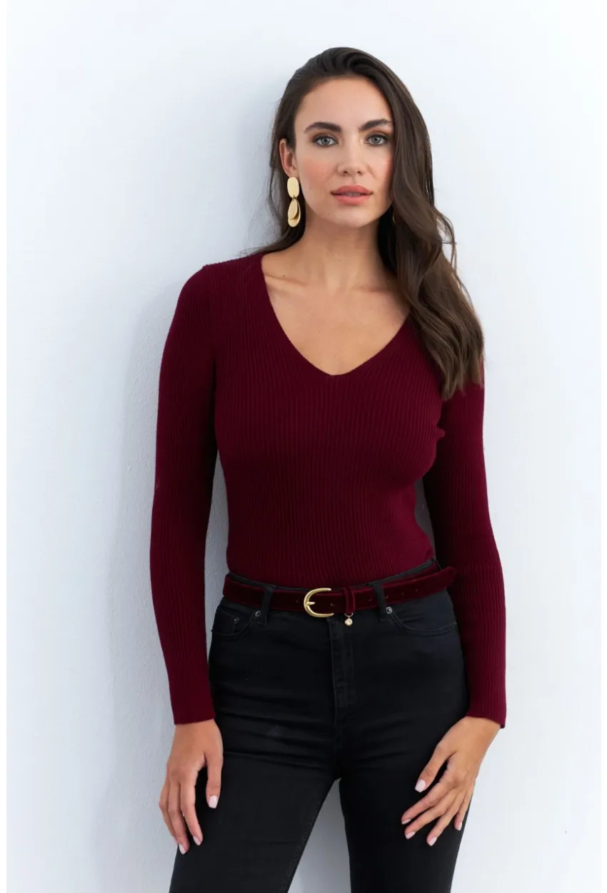 Kadın Bordo V Yaka Triko Bluz YV284