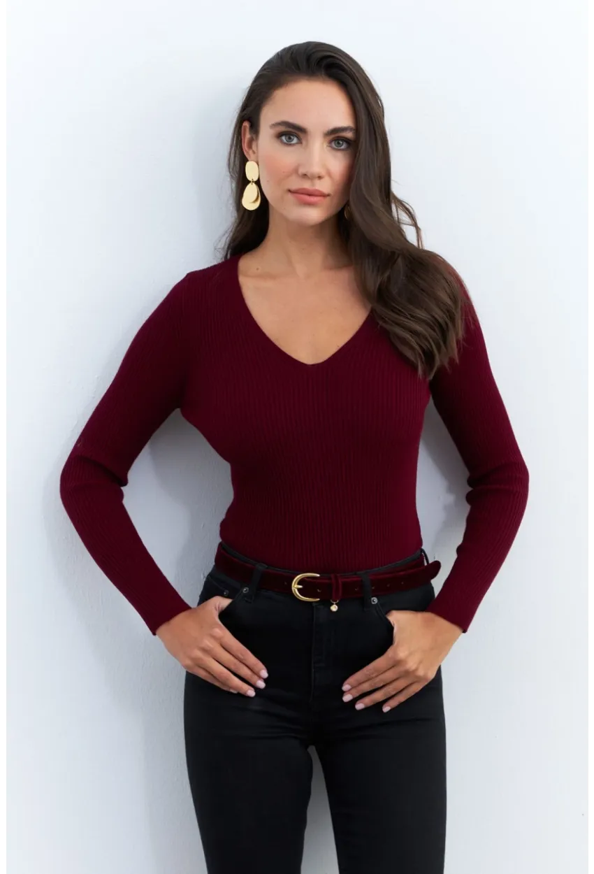 Kadın Bordo V Yaka Triko Bluz YV284