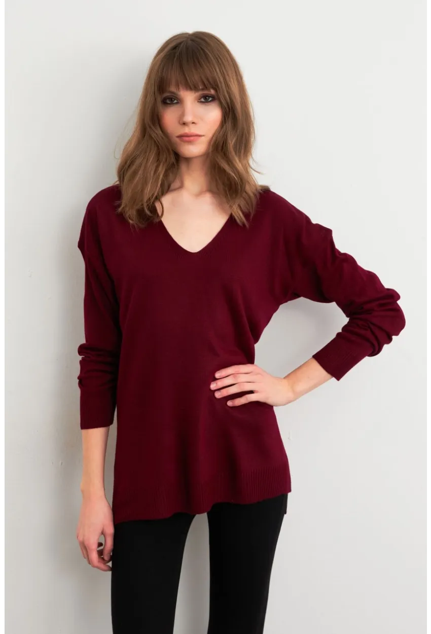 Kadın Bordo V Yaka Triko Kazak YİL549