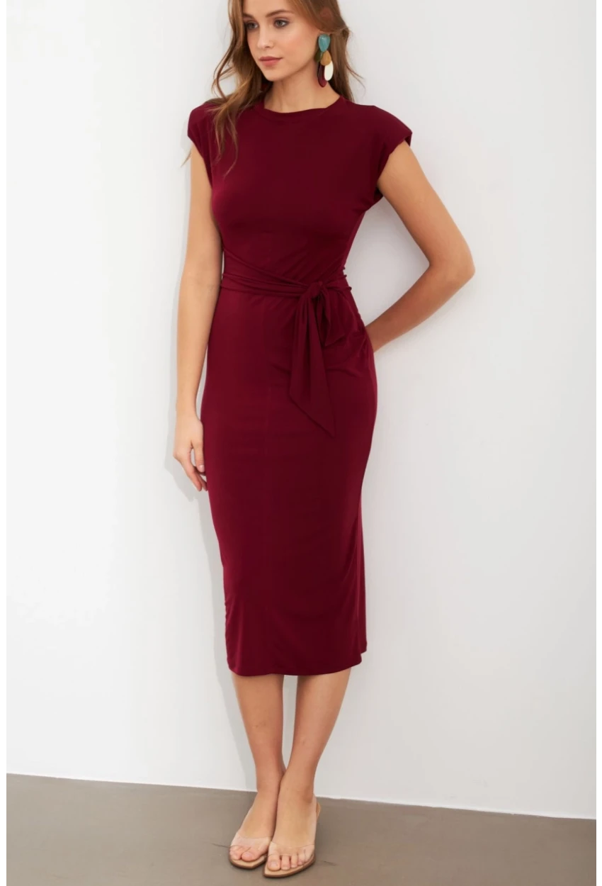 Kadın Bordo Vatkalı Kuşaklı Midi Elbise UG713
